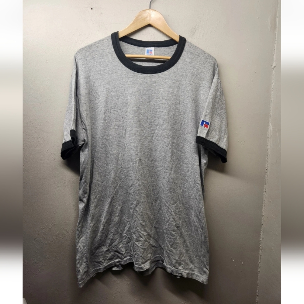 Vintage Russell Athletic patch sleeve Blank T-Shirt Grey trim xl mens